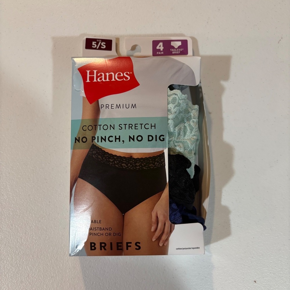 Hanes Premium Women Cotton Stretch Briefs 4 Pair Size 5/S Lace Waistband Multi